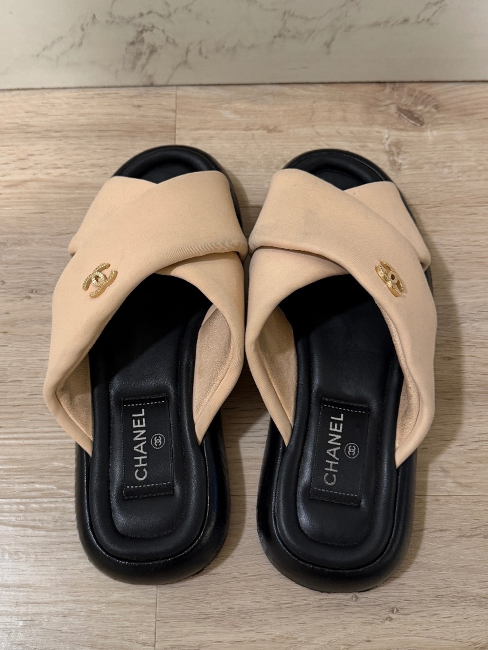 Chanel CC Logo Crossover Slide Sandals Beige/Black Size 37 w/ Box & Dust Bag - Picture 2 of 5